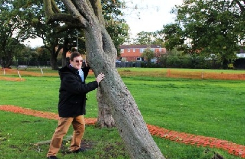 Cllr Hugh Rayner attempts to right a fallen tree.
